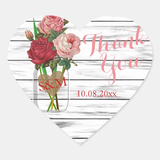 Stylish Rose Mason Jar - Thank You Heart Sticker (Front)