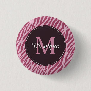 Stylish Rose Pink Zebra Print Monogram and Name 3 Cm Round Badge