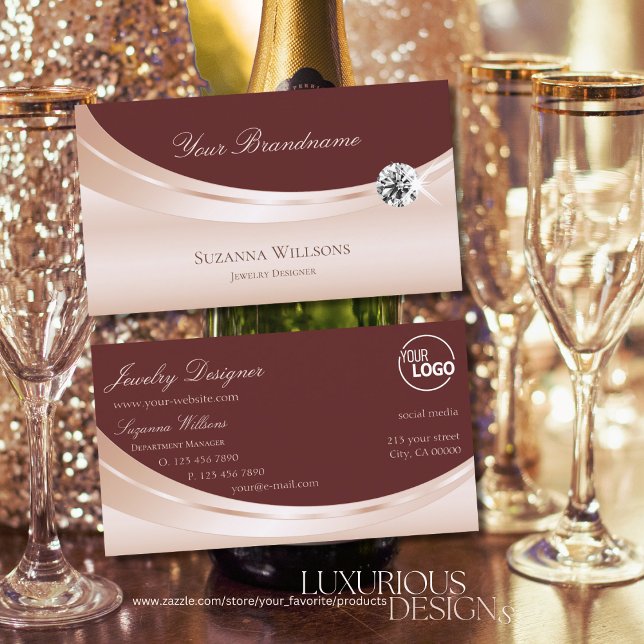 Stylish Rosegold Wine Red with Logo and Diamond Business Card (Creator Uploaded)