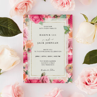 Stylish Roses Garden Gold Frame Wedding Invitation