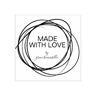 Stylish Round Scribble Made With Love Personalised Rubber Stamp