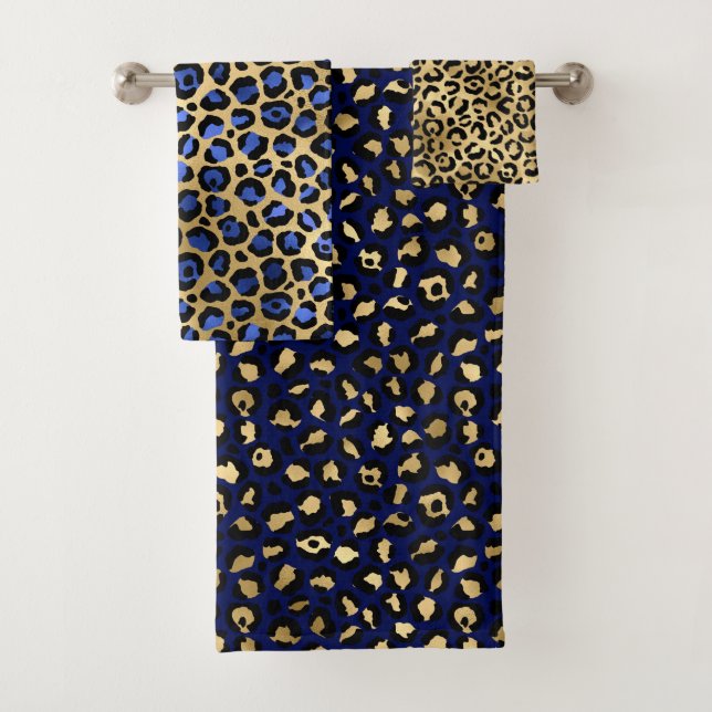 Stylish Royal Blue and Gold Foil Leopard Spots Bath Towel Set (Insitu)
