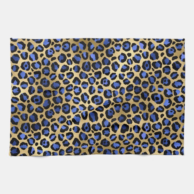 Stylish Royal Blue and Gold Foil Leopard Spots Tea Towel (Horizontal)