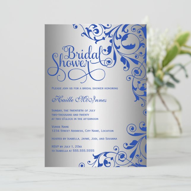 Stylish Royal Blue and Silver Swirls Bridal Shower Invitation (Standing Front)