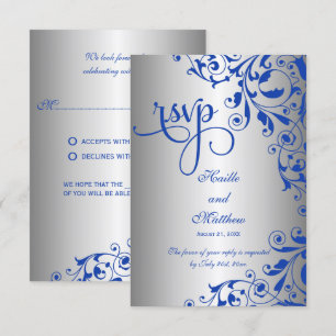 Stylish Royal Blue and Silver Swirls RSVP Card