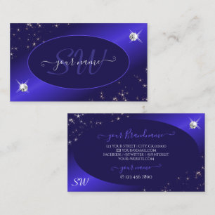 Stylish Royal Blue Glitter Stars Diamonds Initials Business Card