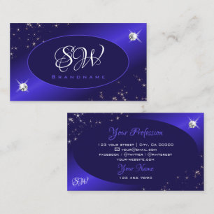 Stylish Royal Blue Glitter Stars Diamonds Monogram Business Card
