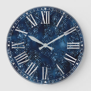 Stylish Royal Blue Glitter Tropical Jungle Leaves Large Clock