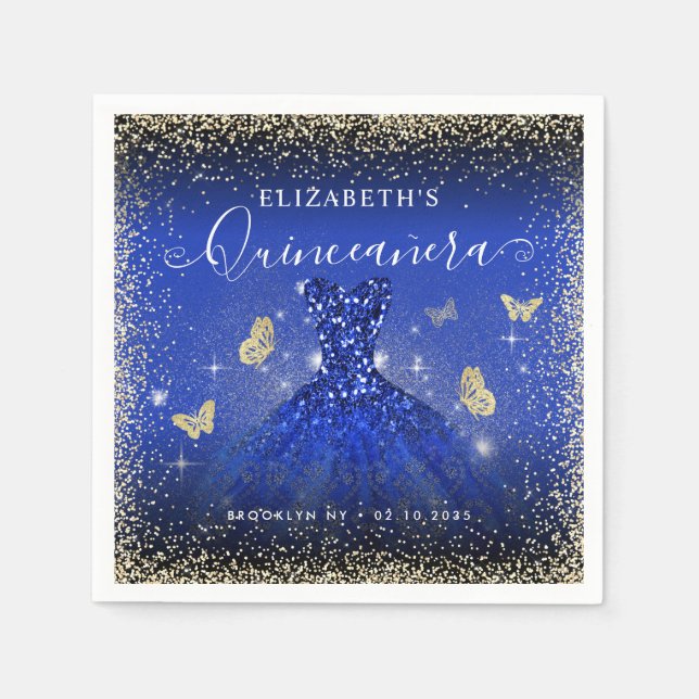 Stylish Royal Blue Gold Glitter Gown Quinceañera Napkin (Front)