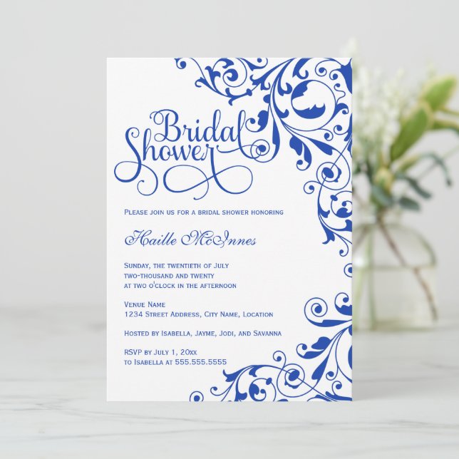 Stylish Royal Blue Swirls Bridal Shower Invitation (Standing Front)