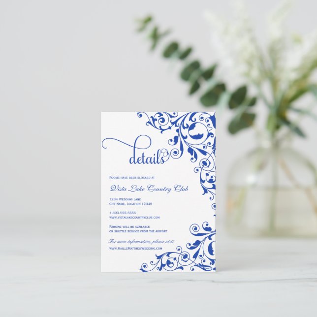 Stylish Royal Blue Swirls Wedding Details Enclosure Card (Standing Front)
