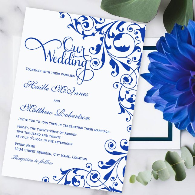 Stylish Royal Blue Swirls Wedding Invitation (Royal blue swirls and elegant script 'Our Wedding" text wedding invitation.)