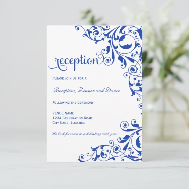Stylish Royal Blue Swirls Wedding Reception Enclosure Card (Standing Front)
