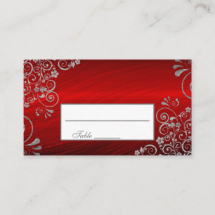 Stylish Ruby Red Grey Floral Swirl Wedding Place Card