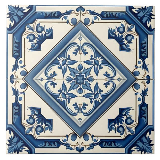 Stylish Rustic Blue Mediterranean Pattern Tile (Front)