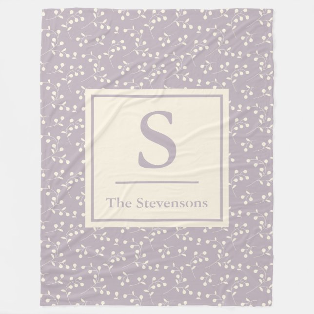 Stylish Rustic Botanical Pattern Lilac Monogrammed Fleece Blanket (Front)