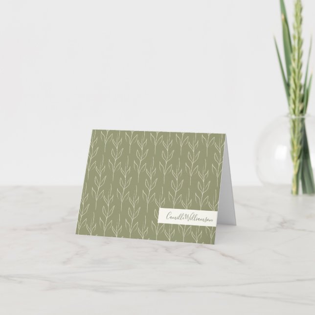 Stylish Rustic Botanical Sage Green Personalised Note Card (Front)