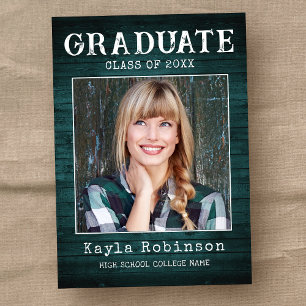Stylish Rustic Country Teal Wood Photo Graduation Announcement