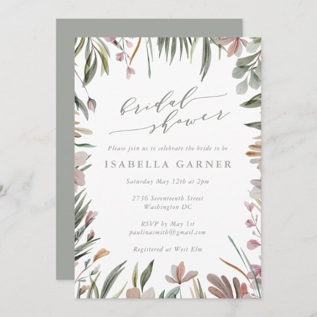 Stylish Rustic Greenery Sage Green Bridal Shower  Invitation (Front/Back)