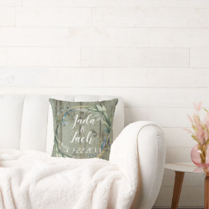 Stylish Rustic Leafy Wreath Wedding Cushion