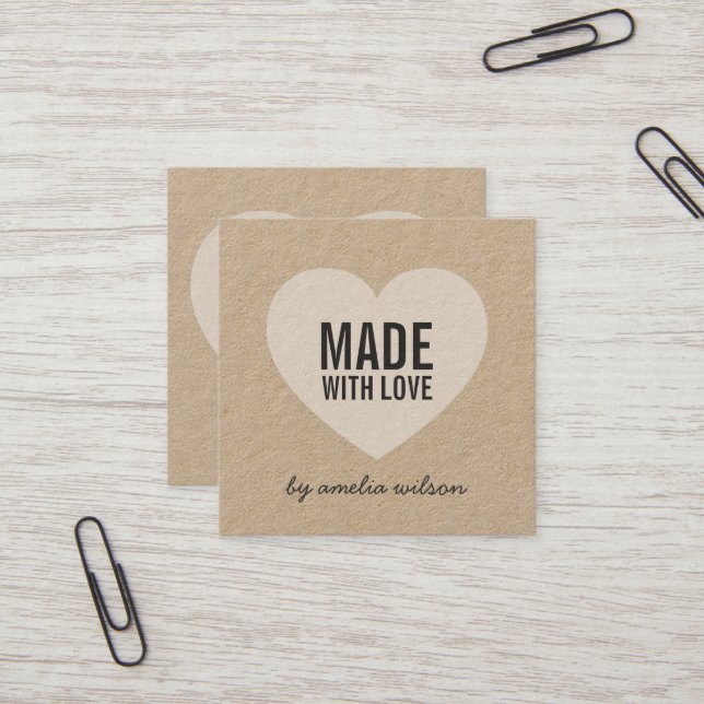 Stylish Rustic Made with Love with Heart Kraft Square Business Card (Front/Back In Situ)