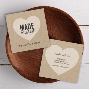 Stylish Rustic Made with Love with Heart Kraft Square Business Card