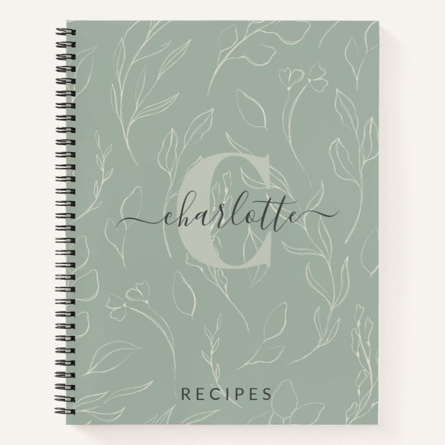 Stylish Rustic Sage Botanical Monogram Recipe Notebook (Front)