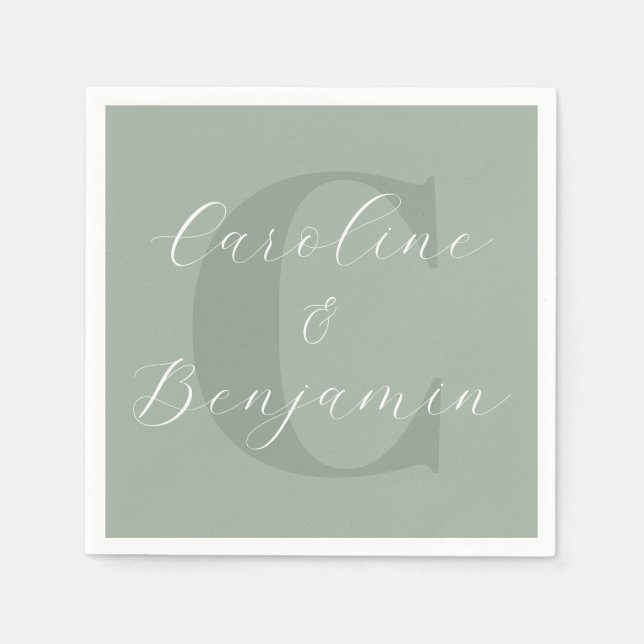 Stylish Rustic Sage Green Monogram Script Name Napkin (Front)