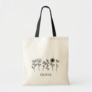 Stylish Rustic Wildflower Bridesmaid Name Tote Bag