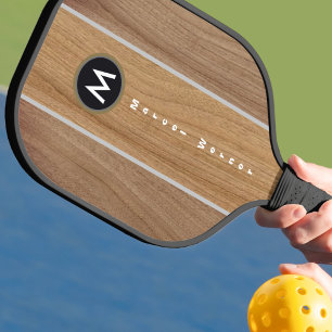 Stylish Rustic Wood Stripe Monogrammed Pickleball Paddle