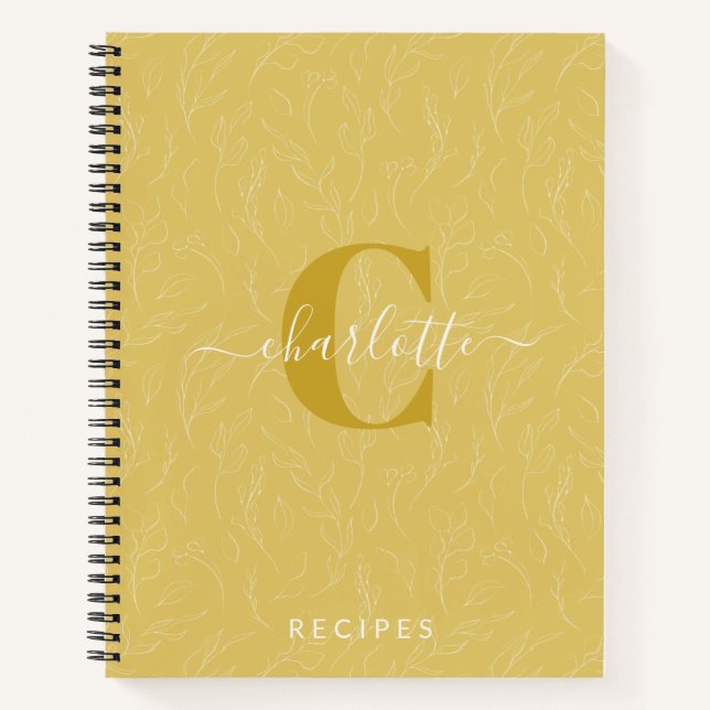 Stylish Rustic Yellow Botanical Monogram Recipe Notebook (Front)