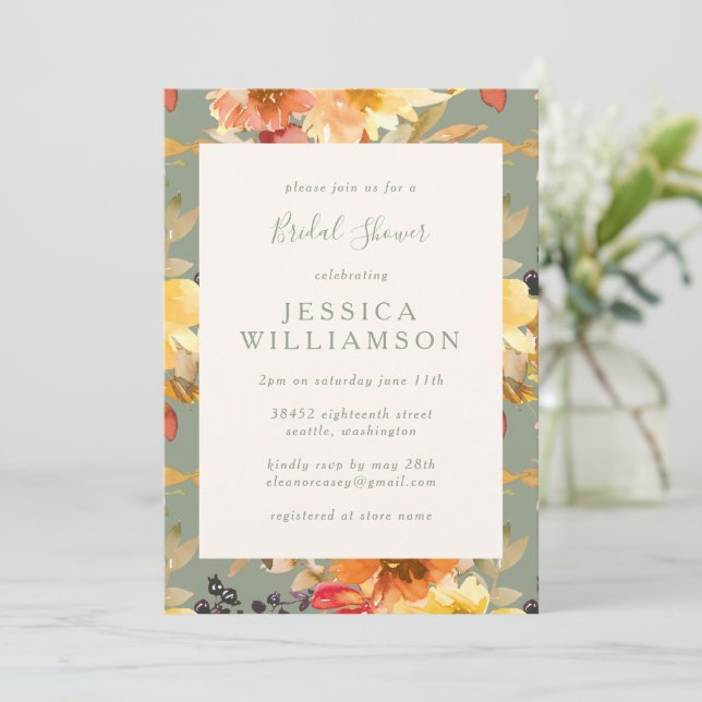 Stylish Sage Botanical Watercolor Bridal Shower Invitation (Standing Front)