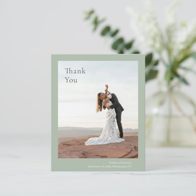 Stylish Sage Green Budget Wedding Thank You Card (Standing Front)