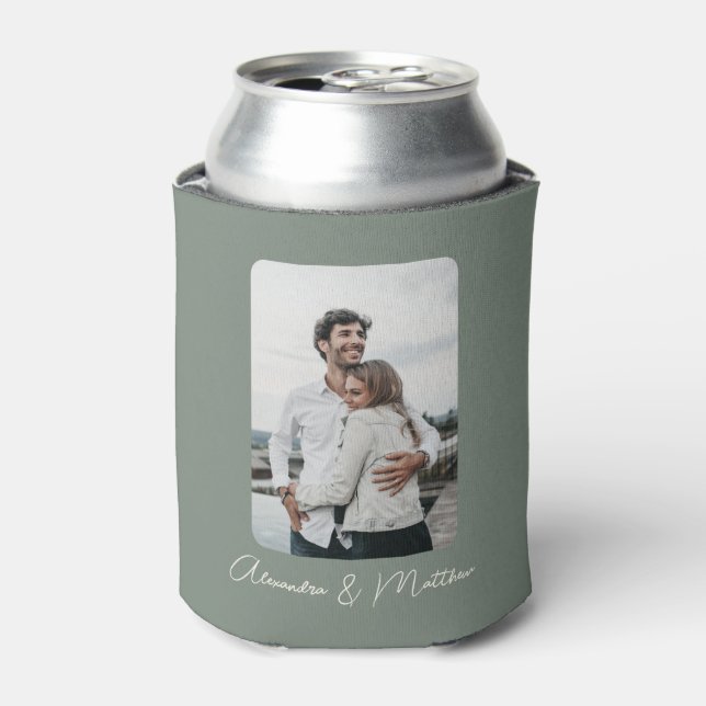 Stylish Sage Green Calligraphy Personalised Photo Can Cooler (Can Front)