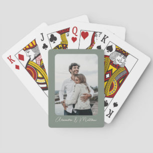 Stylish Sage Green Calligraphy Personalised Photo  Playing Cards