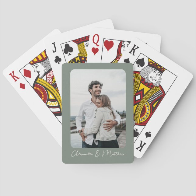 Stylish Sage Green Calligraphy Personalised Photo  Playing Cards (Back)