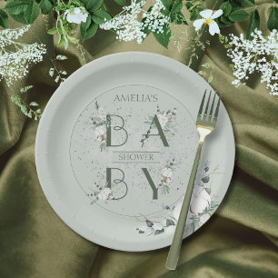 Stylish Sage Green Floral Baby Shower Paper Plate