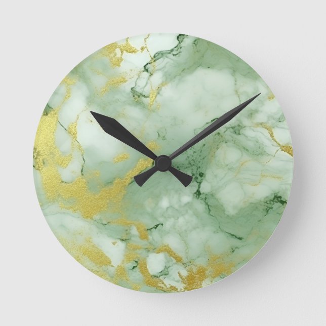 Stylish Sage Green Gold Marble  Round Clock (Front)