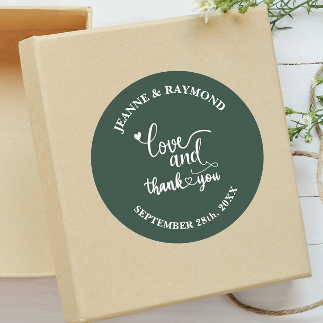 Stylish Sage Green Love and Thank You Wedding  Classic Round Sticker (Creator Uploaded)