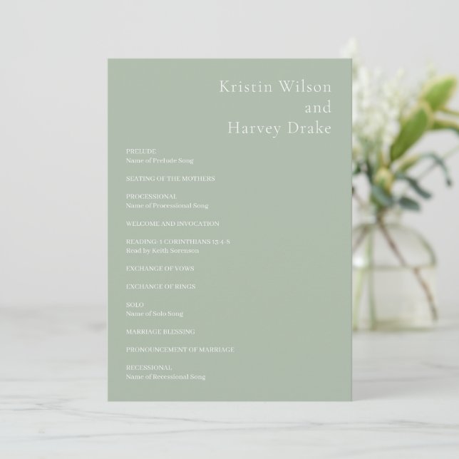 Stylish Sage Green Modern Wedding Programme (Standing Front)