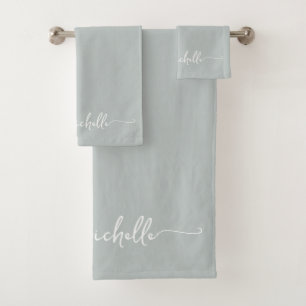 Stylish Sage Green Monogram Name Script Signature Bath Towel Set