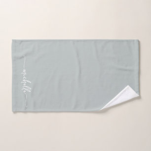 Stylish Sage Green Monogram Name Script Signature Hand Towel