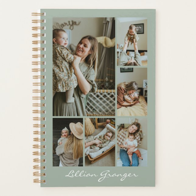 Stylish Sage Green Personalized Photo Collage Planner (Front)