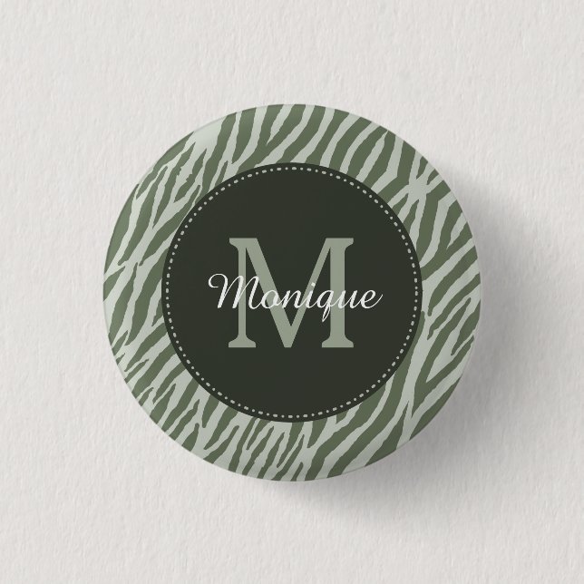 Stylish Sage Green Zebra Print Monogram and Name 3 Cm Round Badge (Front)