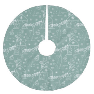 Stylish sage Hand drawn cats & Christmas tree Brushed Polyester Tree Skirt