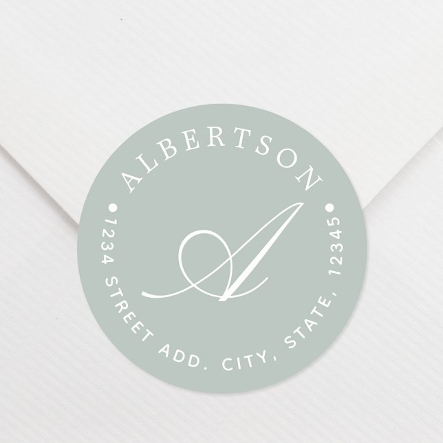 Stylish Sage Script Monogram Family Name Address Classic Round Sticker (Creator Uploaded)
