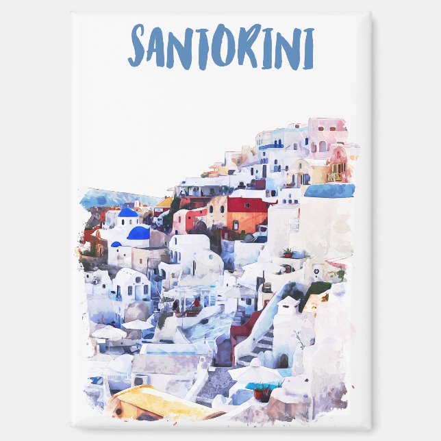Stylish Santorini Greece Watercolor Painting Magnet (Front)