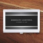 Stylish satin grey and silver borders black business card holder<br><div class="desc">Elegant,  black and grey business card holder with your name and title/company name printed on the front. At the top and bottom are printed satin grey and silver gradient borders. White and grey text.</div>