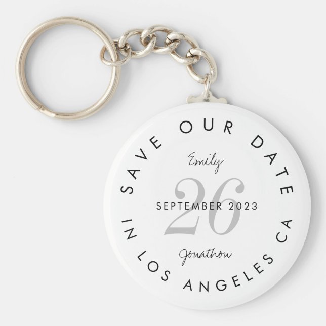 Stylish Save the Date Tinted Day Black Text Names Key Ring (Front)