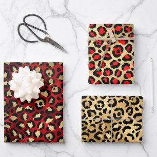 Stylish Scarlet & Gold Foil Leopard Spots Safari Wrapping Paper Sheet
